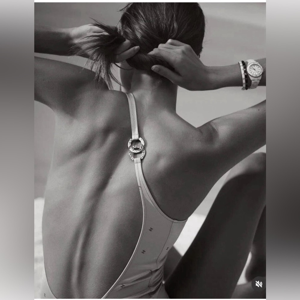 NWT CHANEL 24M Runway  COCO BEACH Silver CC logo Swimsuit Size 38